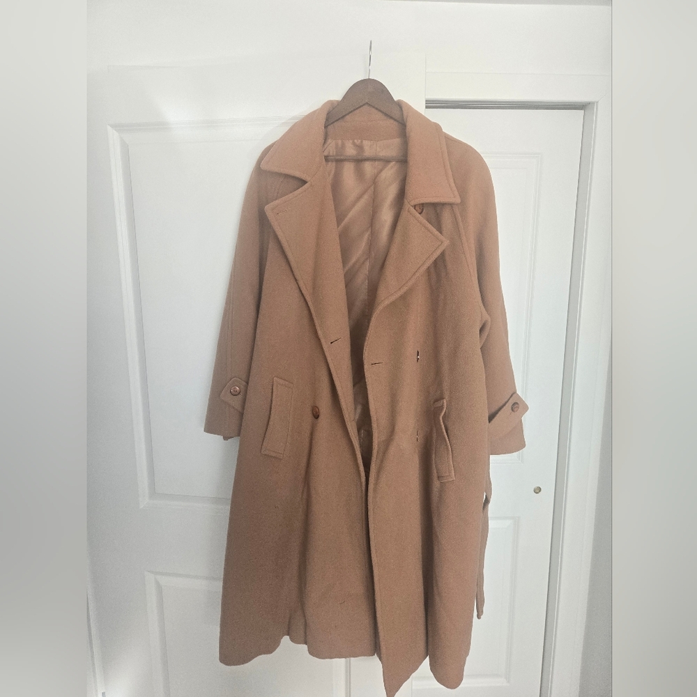 Vintage Oversized Wool And Cashmere Belted Robe Camel Coat Made In France